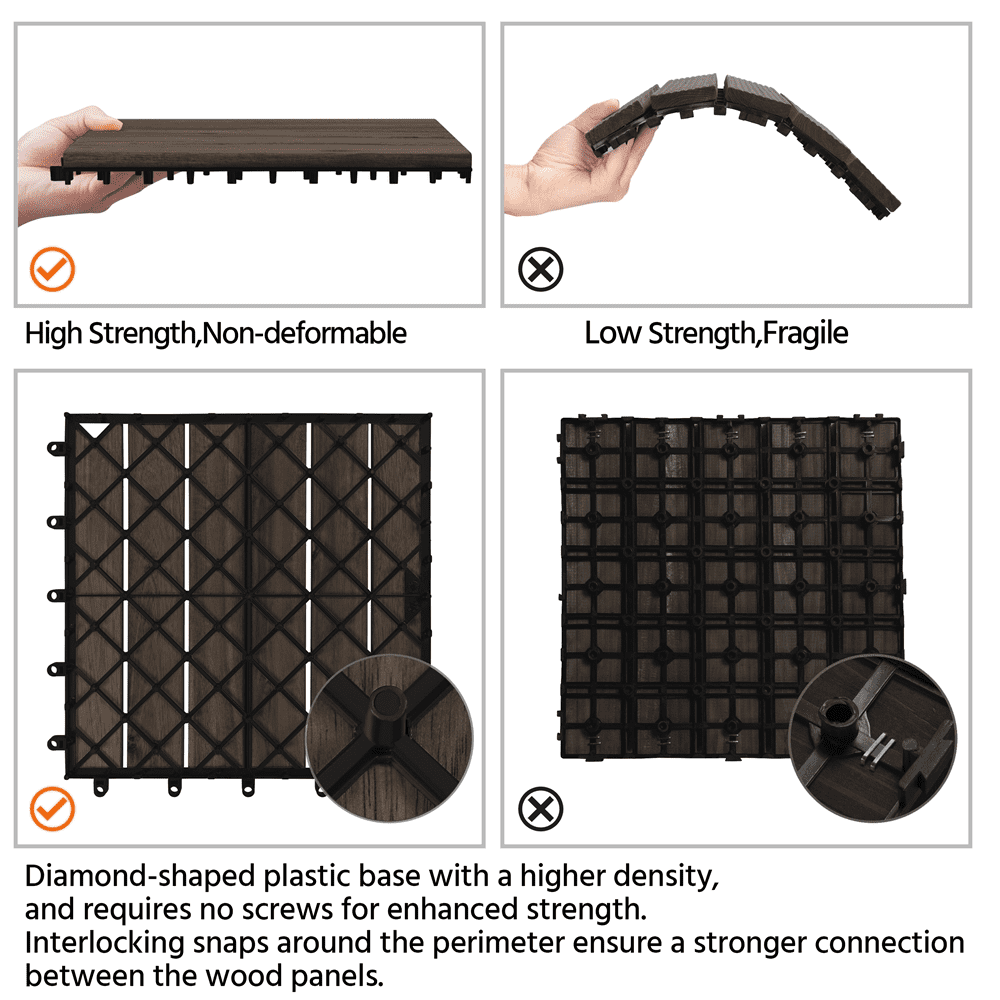 Renwick Wood Interlocking Flooring Tiles for Patio Garden Deck, Pack of 27, Black