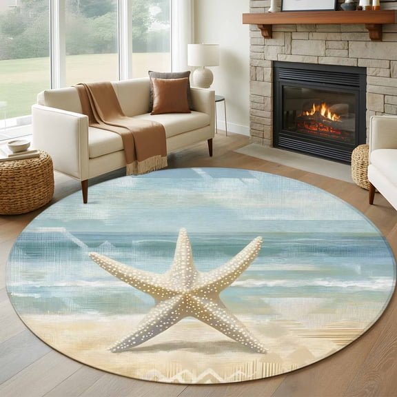 Boho Coastal Beach Round Rug 5ft Washable Circle Kitchen Rugs Non Slip Vintage Ocean Wave Starfish Large Area Rug Indoor Floor Carpet for Bedroom Living Room Home Office Dining Room Nursery