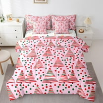 Manfei Pink Xmas Tree Twin Bedding Sets 7-Piece for Teen, Cartoon Dots Stripes Bedding Comforter Set, Merry Christmas Reversible Sheet Sets, Breathable Home Decor