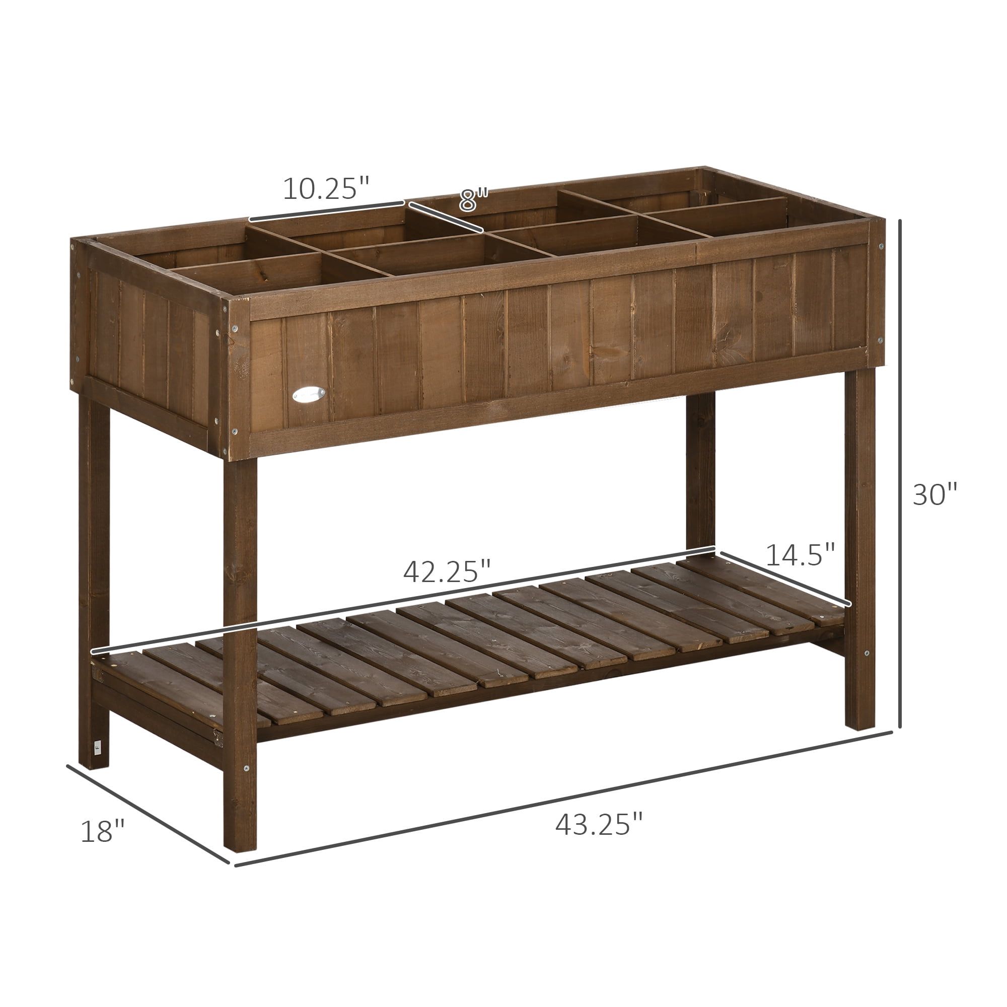Raised Garden Bed with 8 Pockets and Shelf, Wooden Elevated Planter Box with Legs to Grow Herbs, Vegetables, and Flowers, Dark Brown 43x18x30"