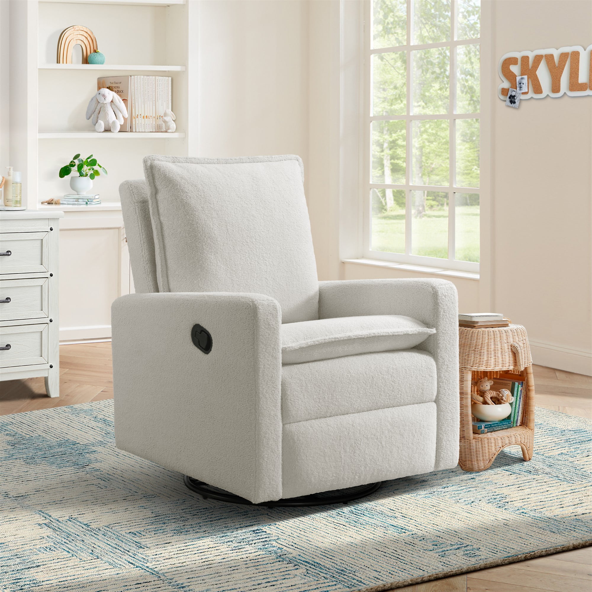 Soho Baby Coventry Upholstered Glider Recliner Rocking Chair, Green Guard Gold Certified, 360° Swivel For Nursery And Living Room – Boucle White