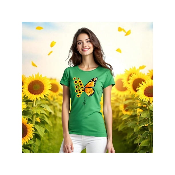 Blusa con Estampado de Mariposa y Girasoles – Diseño Único y Significativo Color Verde Talla Chica Marca Emil SaEs