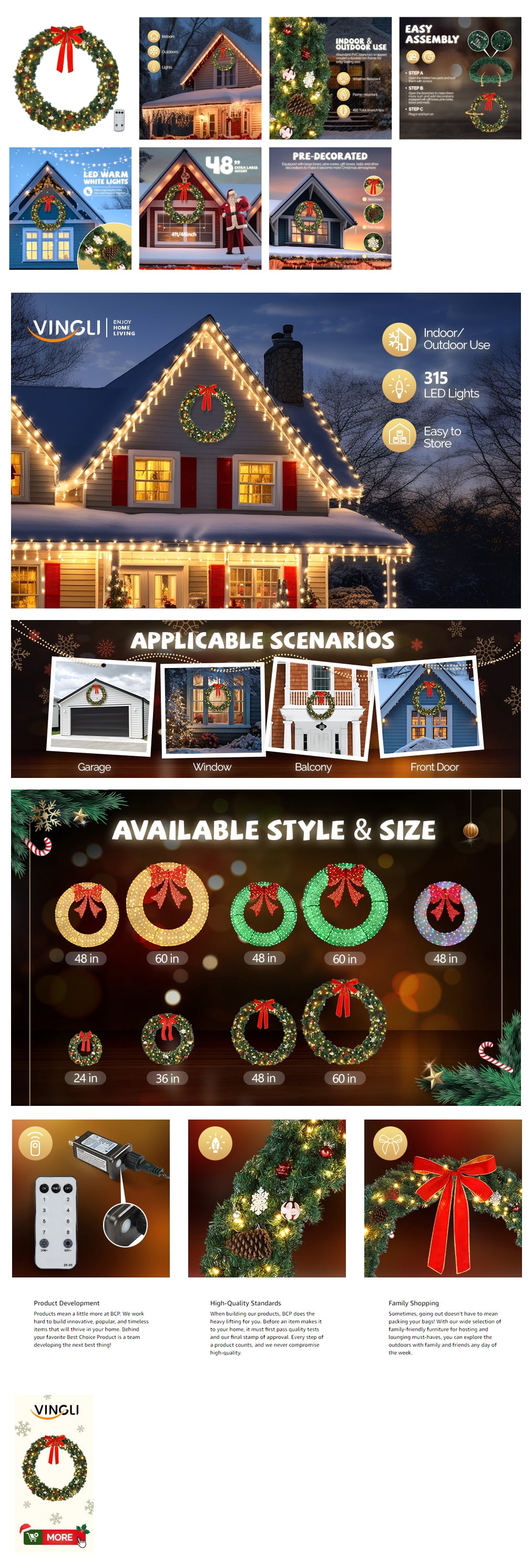 48in Pre-Lit Garland with 150 LED Lights and Remote Control for Christmas