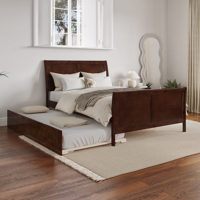 Lit Plateforme Complet en Bois Portland avec Pied de Lit Assorti et Tiroir-Lit Simple, Noyer