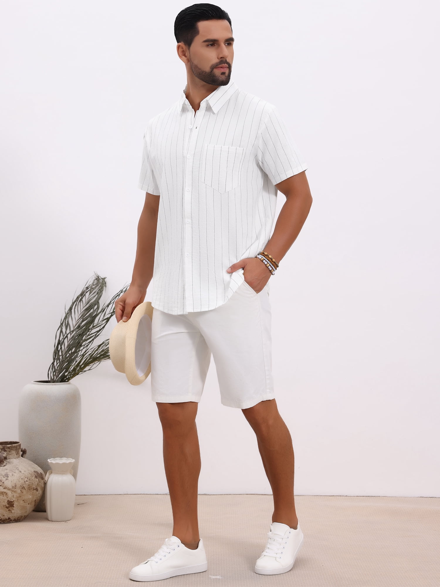 DARING DIVA Men's Point Collar Short Sleeve Button Down Stripes Shirts S White