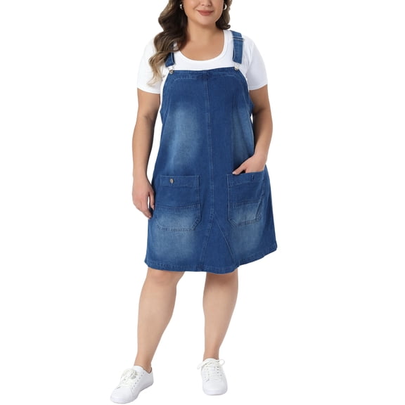 Agnes Orinda Women's Plus Size Denim Overalls Dress Adjustable Strap Bib Suspender Summer Casual Midi Jeans Dresses with Pockets 2X Blue