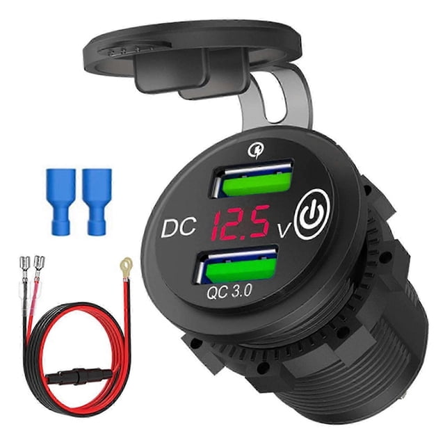 USB Car Charger Socket Dual QC3.0 Port Quick Charge 12V/24V Car Adaptor with LED Digital Voltmeter