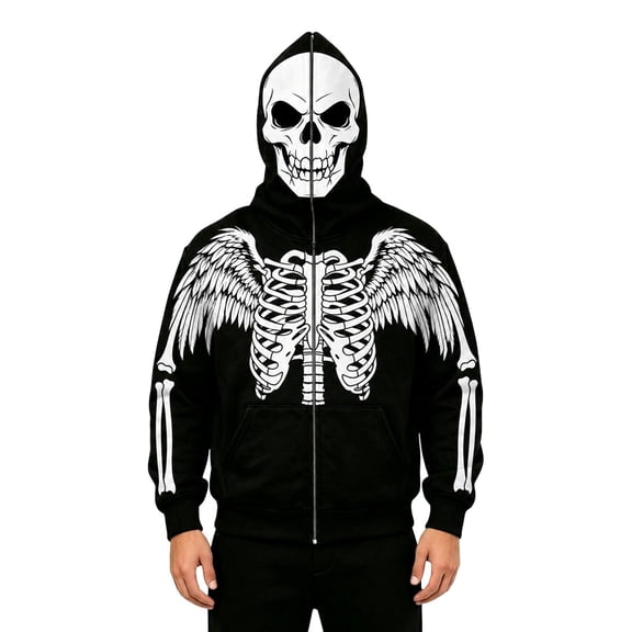 Men's Halloween Skeleton Full Zip Hoodie Bone Print Drawstring Sweatshirt Party Top
