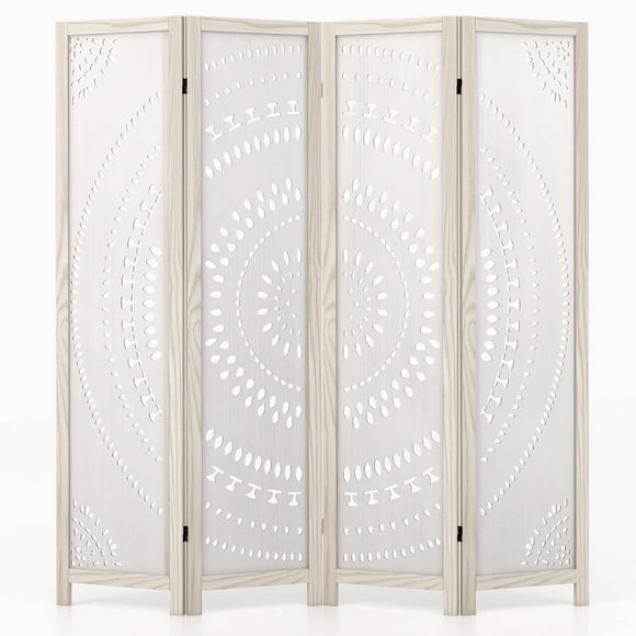 Costway 66" Boho 4-Panel Room Divider with Carved Pattern & Solid Wood Frame 360° Hinges