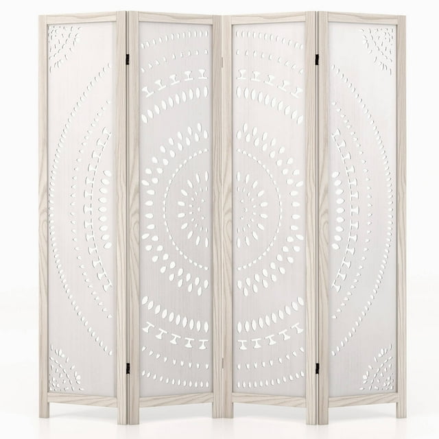 Costway 66" Boho 4-Panel Room Divider with Carved Pattern & Solid Wood Frame 360° Hinges