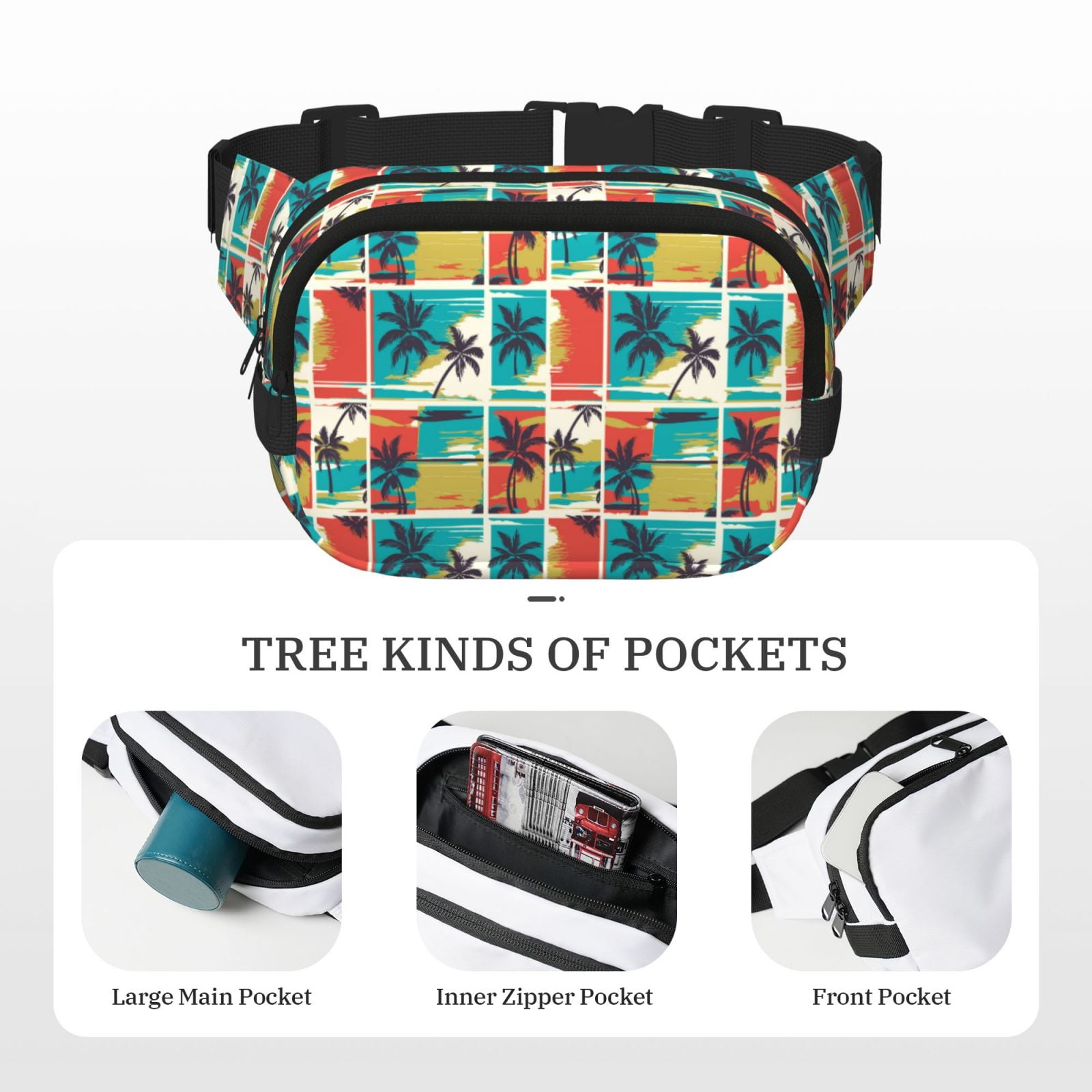 Picia Colorful Hawaii Palms Print Square Double-Layer Waist Bag Mini Adjustable Waist Belt Bag Exercise Running Travel Hiking