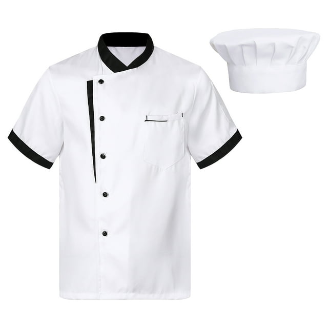 Vxuxlje Unisex Chef Jacket with Hats Contrast Mesh Color Patchwork Cooking Uniforms Canteen Work Jacket with Caps White 3XL