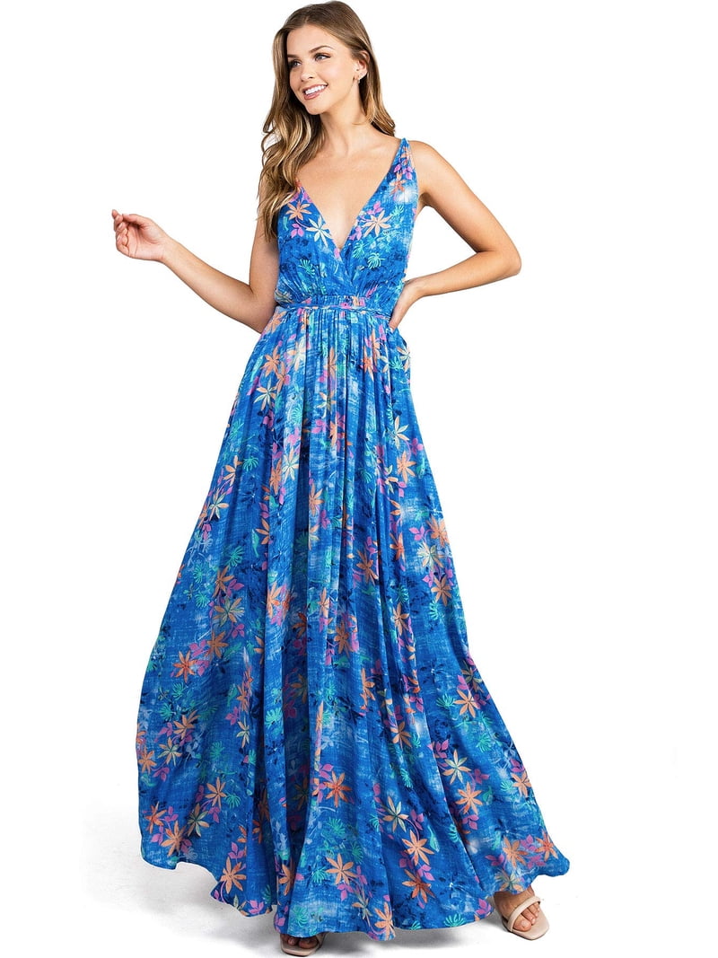 aakaa blue dress Aakaa Women's Tropical Parachute Low Back Maxi Dress (Medium, Blue)