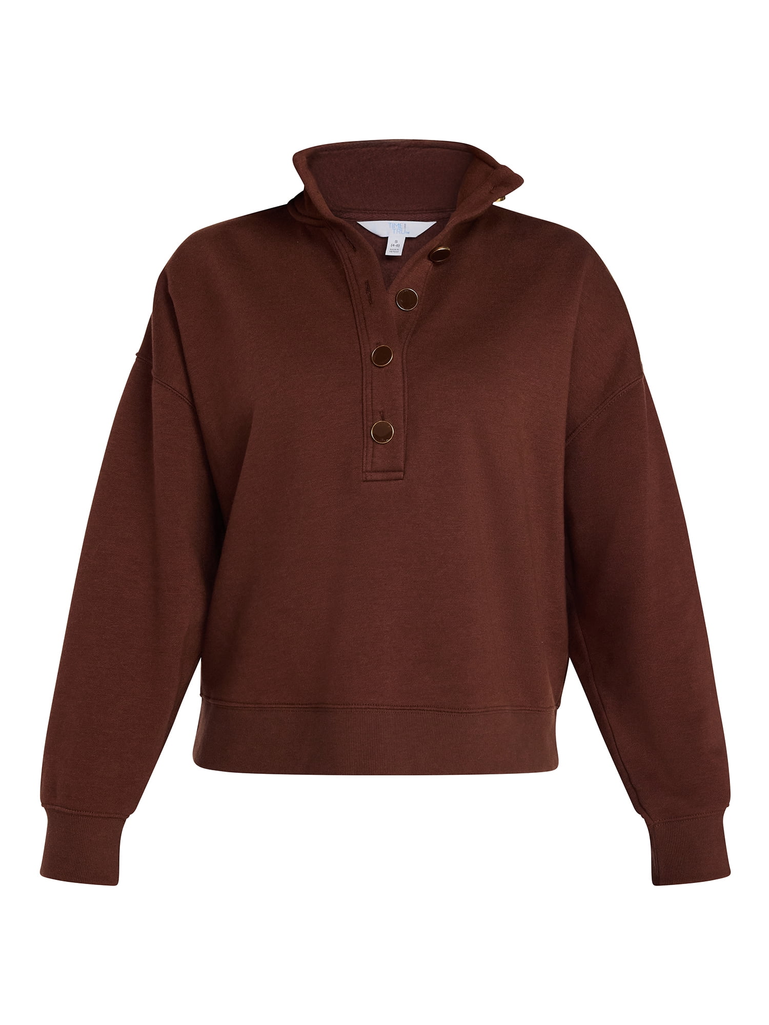 Time and Tru Women's Quarter Button Fleece Top with Long Sleeves, Size XS-4X
