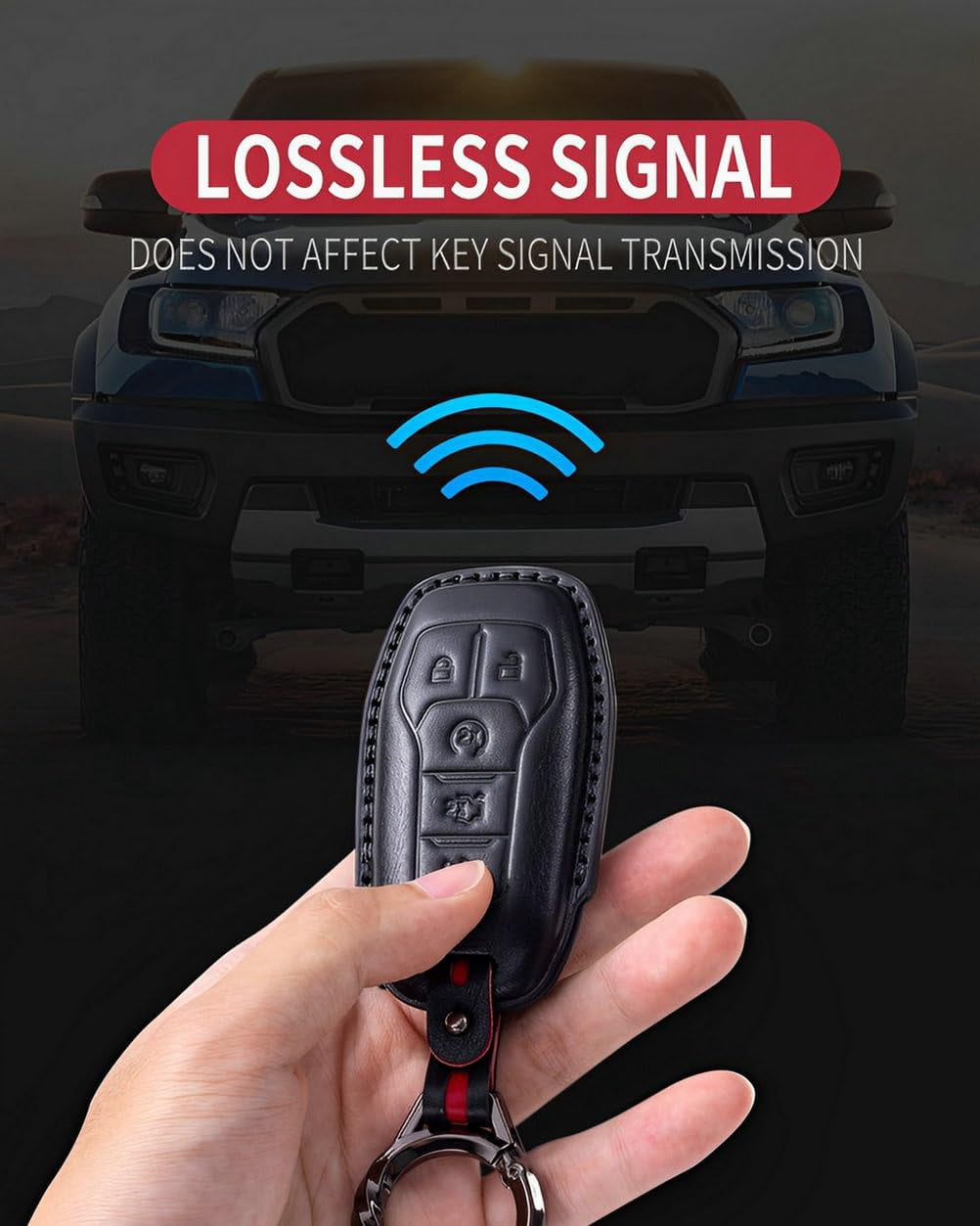for Ford Key Fob Cover Leather Key Fob Holder 5 Button Car Smart Remote Key Case Keychain Compatible with Mustang Explorer F150 Fusion Edge Lincoln MKZ MKC