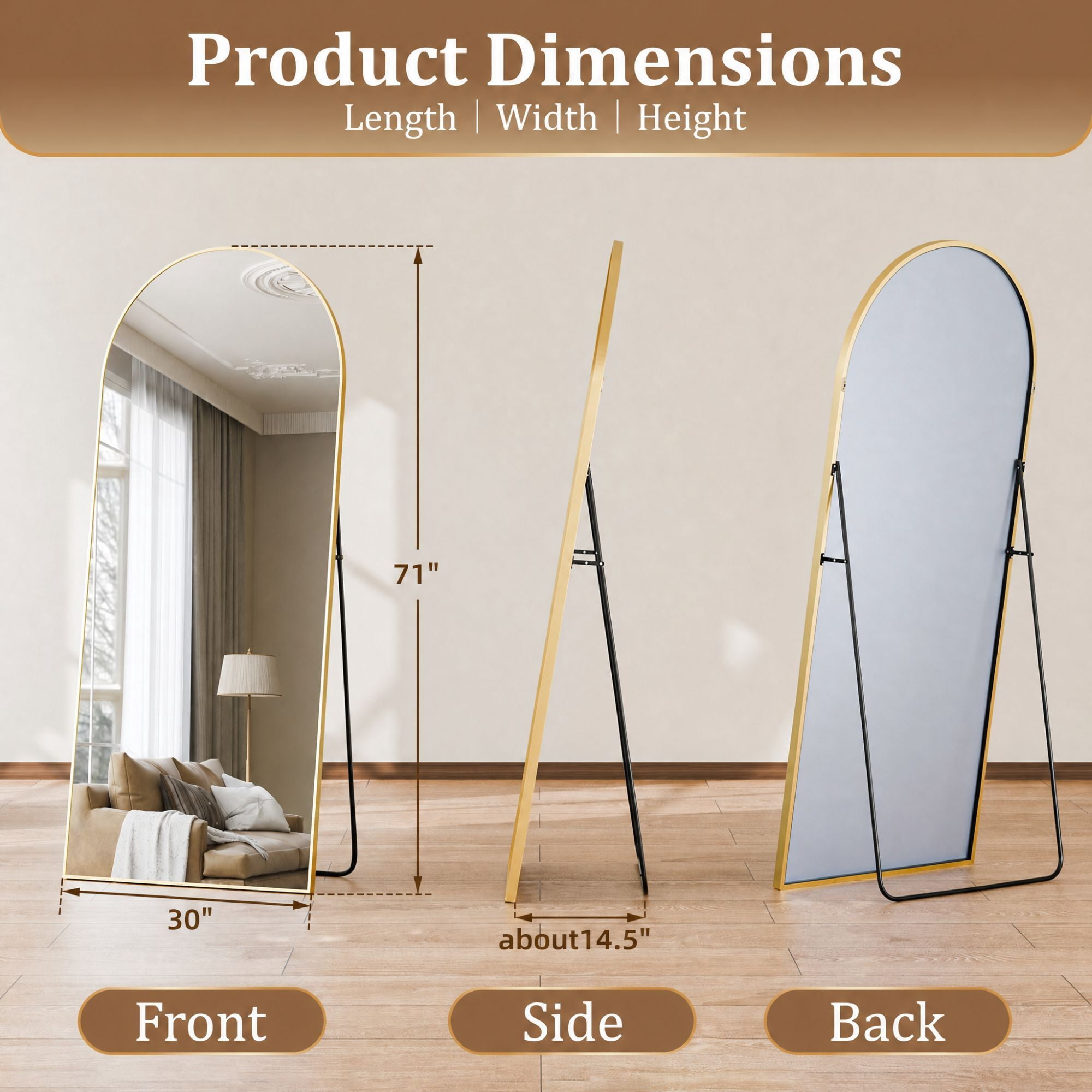 Easy4Home 71"x 30" Arch-Top Oversized Full Length Mirror Metal Frame Freestading Floor Mirror, Gold