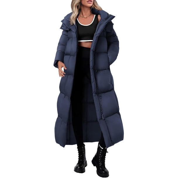 Abrigo PRETTYGARDEN Azul Oscuro Grande para Mujer, Chaqueta Acolchada Larga con Capucha