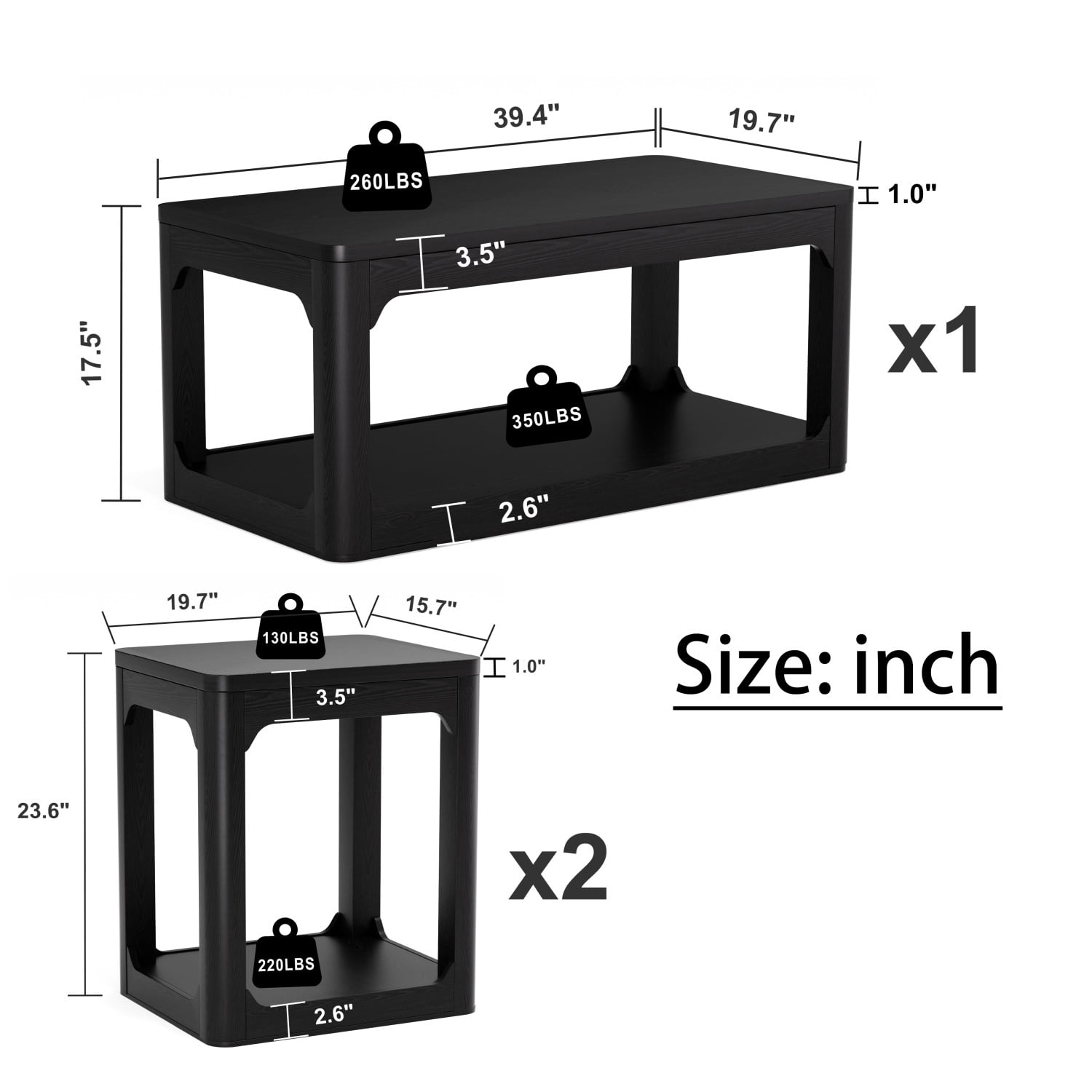 Hommoo Modern 3-Piece Coffee Table Set with Storage, Contemporary Living Room Furniture Set Including Coffee Table + 2 Side Tables, Matte Finish, Easy Assembly, Black
