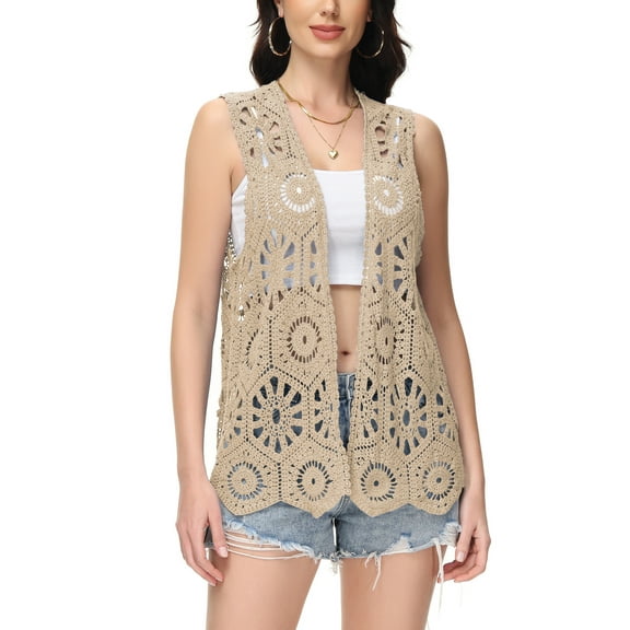 Women's Floral Crochet Lace Trim Open Front Cardigan, Medium, Brown
