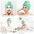 thumbnail image 5 of Paquete de 3 toallas de microfibra para el cabello con botón, turbante antiencrespamiento de secado rápido para cabello largo y grueso, color verde., 5 of 5