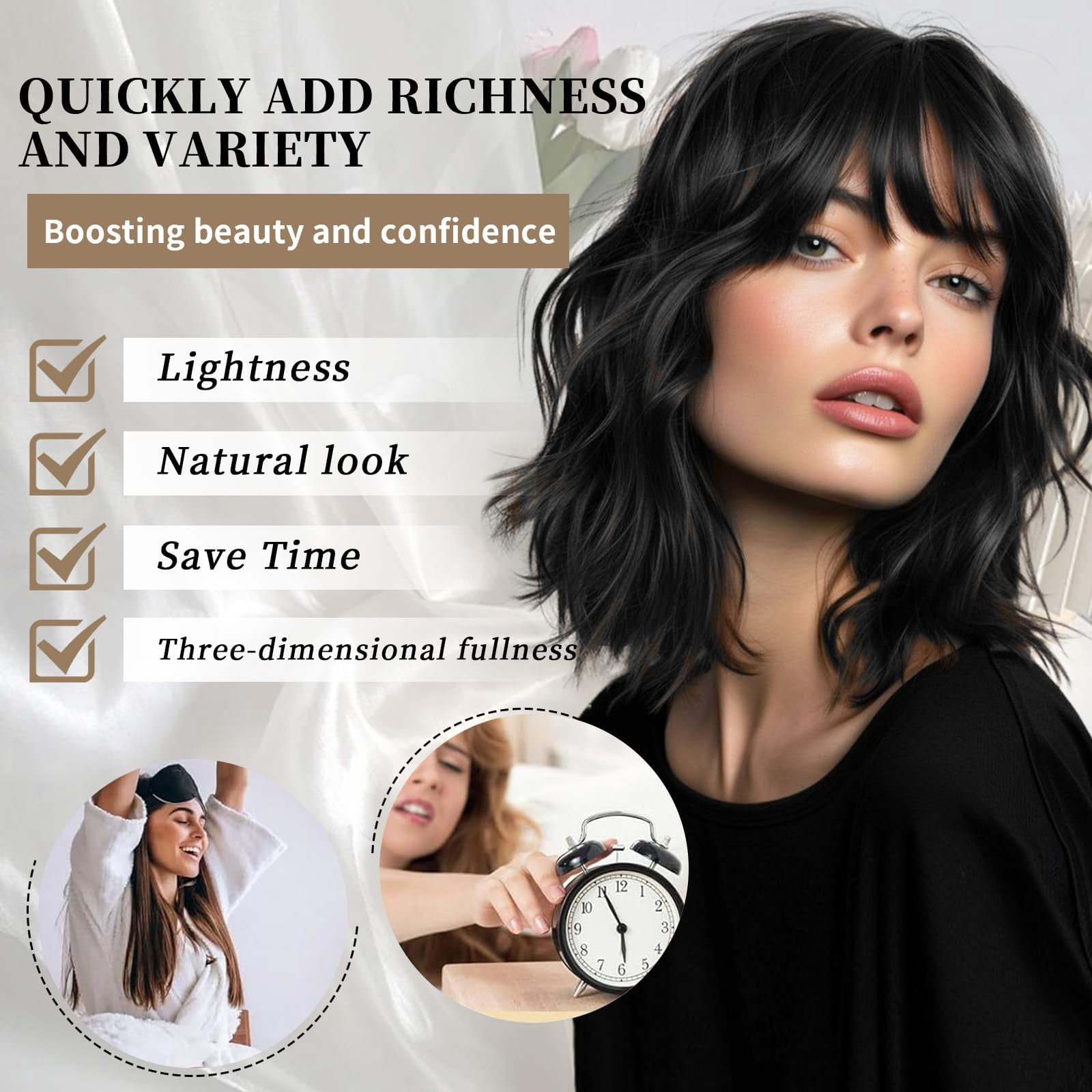 Wig with Bangs Short Bob Wigs for Women Shoulder Length Wavy Curly Wigs Synthetic Fiber Wigs 14 Inches for Daily Party Use