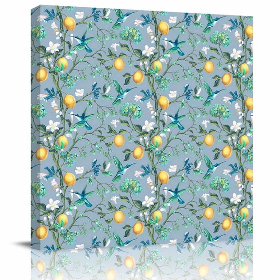 Framed Canvas Wall Art for Living Room Teal Hummingbird Wall Decor, Lemon Fruit Branch Aesthetic Paintings for Bedroom Office Kitchen Bathroom, Ready to Hang Artwork Wall Pictures 8x8 Inch