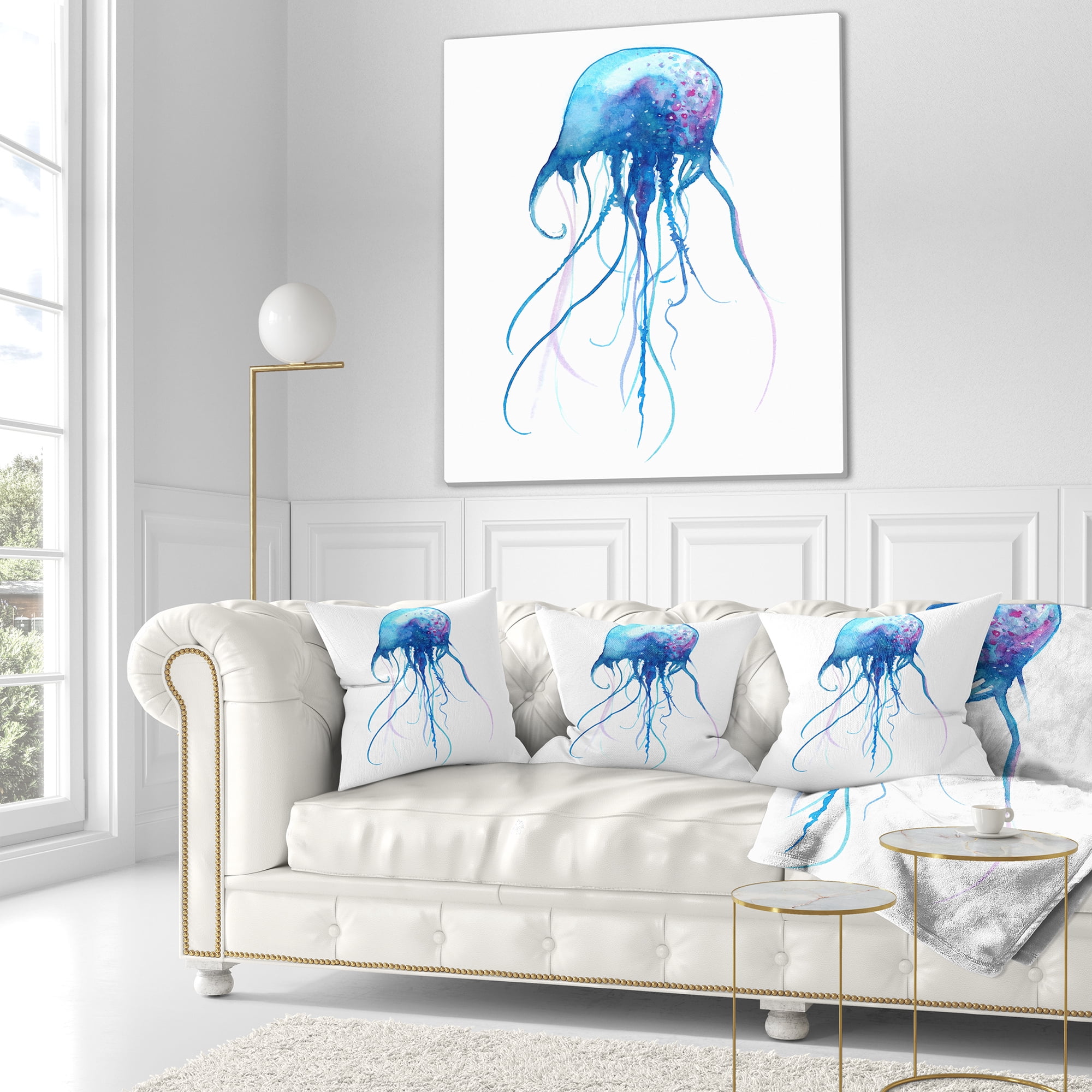 Designart Light Blue Jellyfish Watercolor - Animal Throw Pillow - 18x18