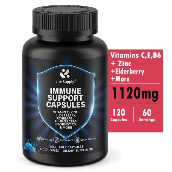 Lite Supply Immune Support Capsules with 4.8 Billion CFU Probiotics, 10-in-1 Powerful Blend of Vitamin C, Vitamin E, Vitamin B6, Zinc, Elderberries, Garlic Bulb, Echinacea, Turmeric, Immune Defense
