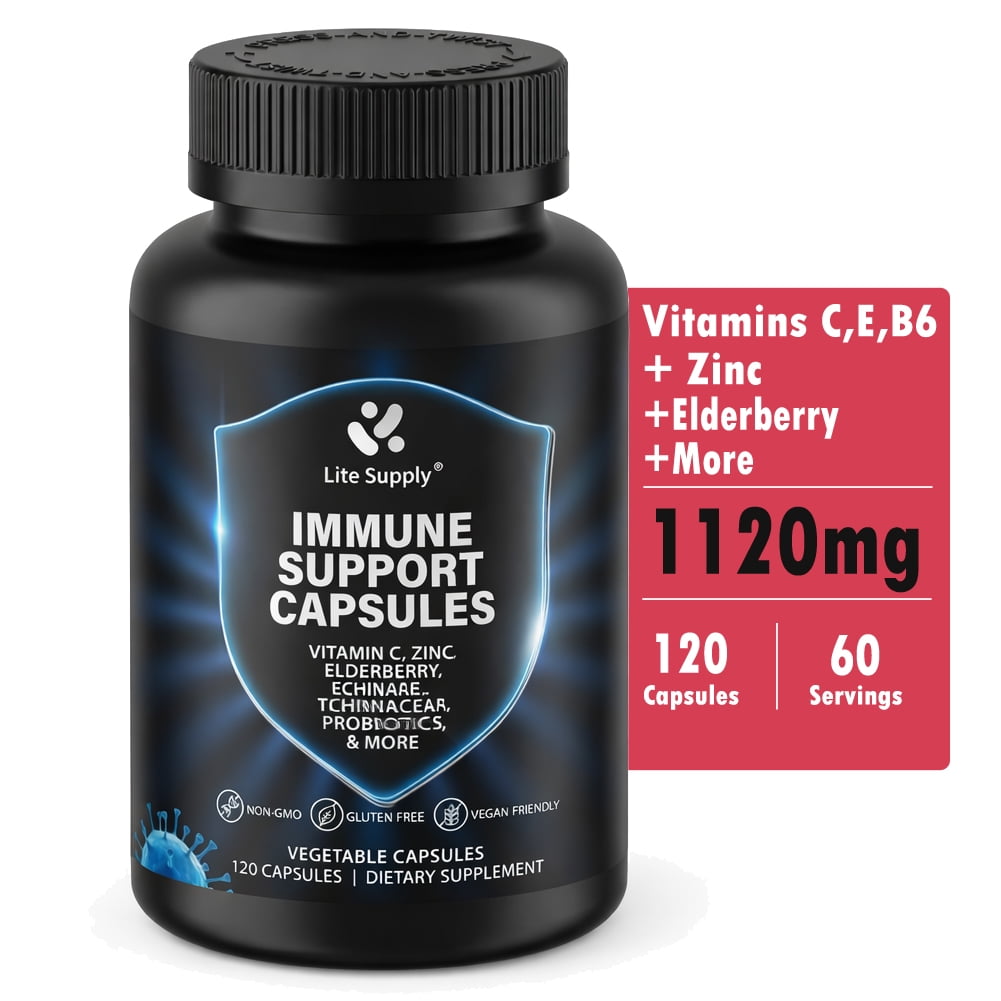 Lite Supply Immune Support Capsules with 4.8 Billion CFU Probiotics, 10-in-1 Powerful Blend of Vitamin C, Vitamin E, Vitamin B6, Zinc, Elderberries, Garlic Bulb, Echinacea, Turmeric, Immune Defense