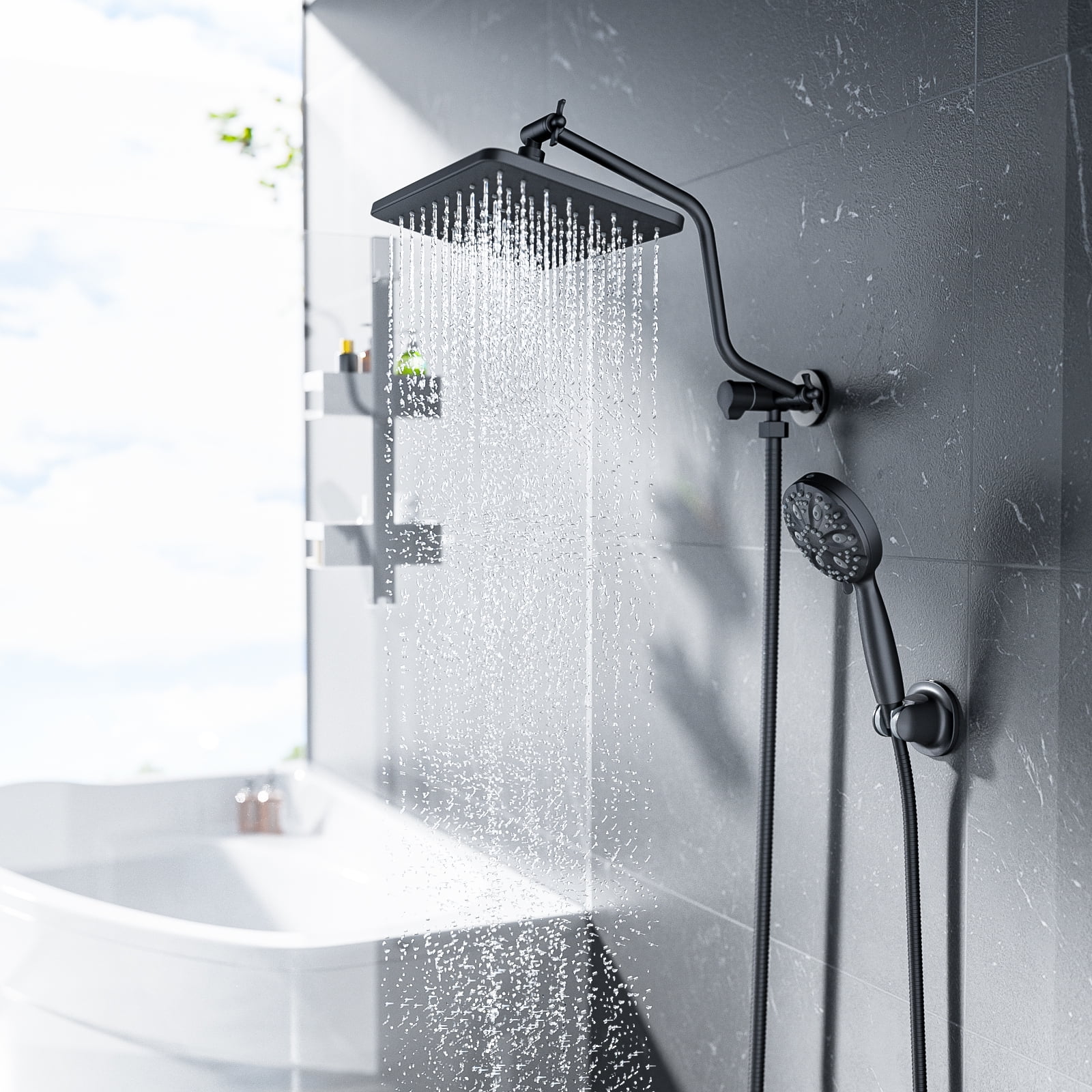 ROSYNEY 10 Inch Rain Shower Head with Handheld Spray, 7-Function Handheld Showerhead, Adjustable Metal Shower Extension Arm, Stainless Steel Hose, Matte Black