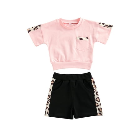 

Xingqing Children’s Casual Leopard Stitching Short Sleeve Tops and Shorts Set