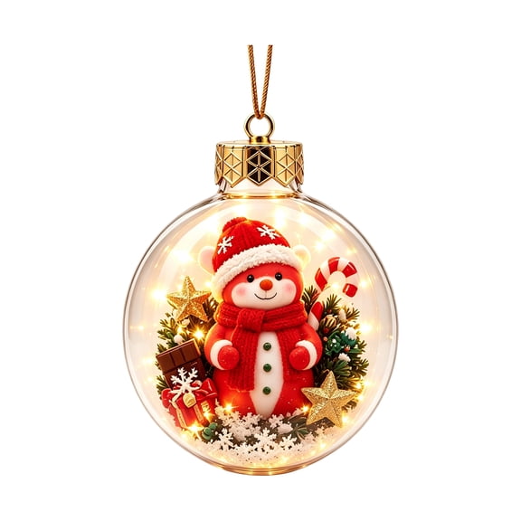 Light Up Clear Christmas Ornament Ball with 3D Cute Bear Scene and Warm Led Lights, Red and Gold Design for Christmas Tree Decor, Holiday Decoration