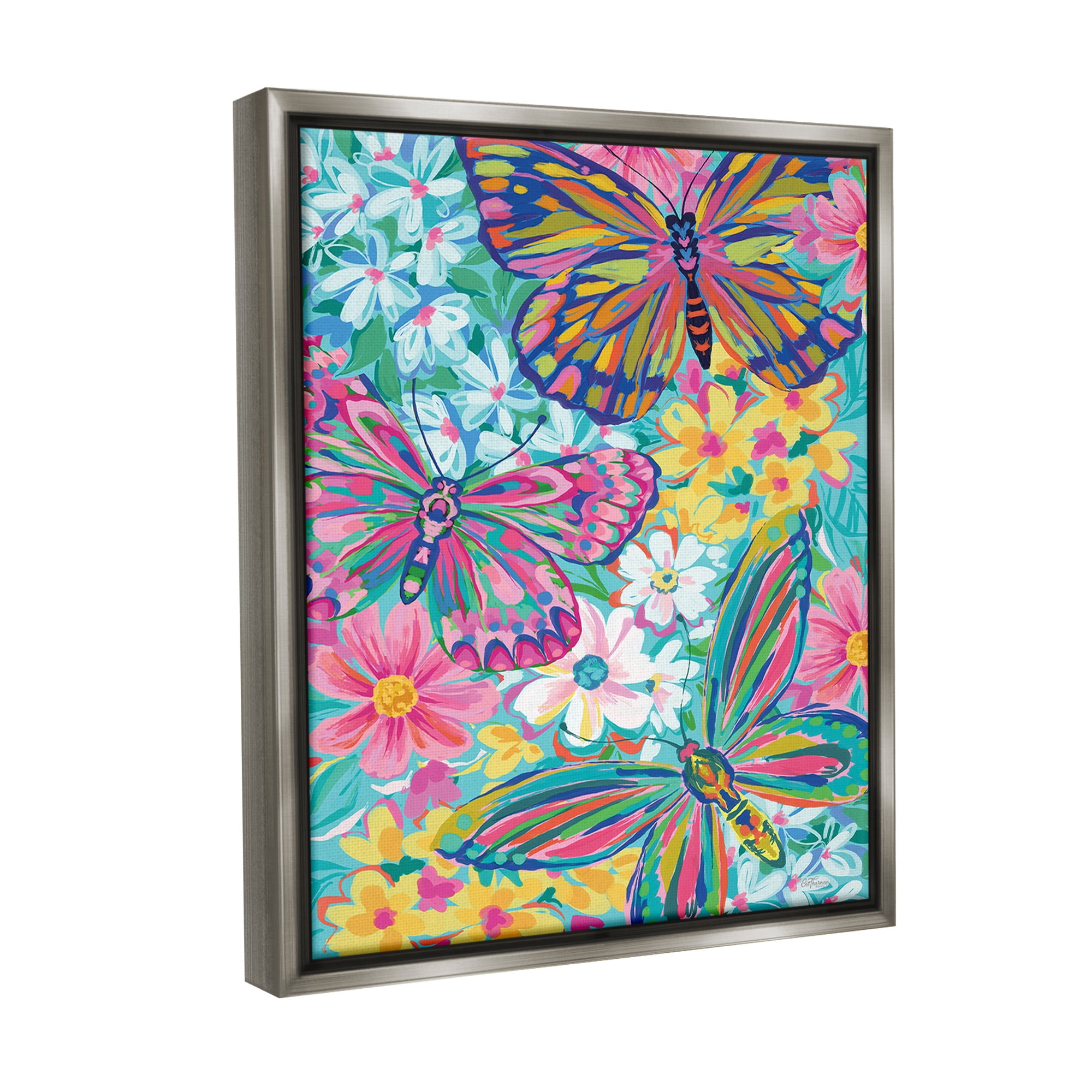 Stupell Industries Modern Butterflies & Blossoms Animals & Insects Painting Gray Floater Framed Canvas Art Print Wall Art, 17 x 21