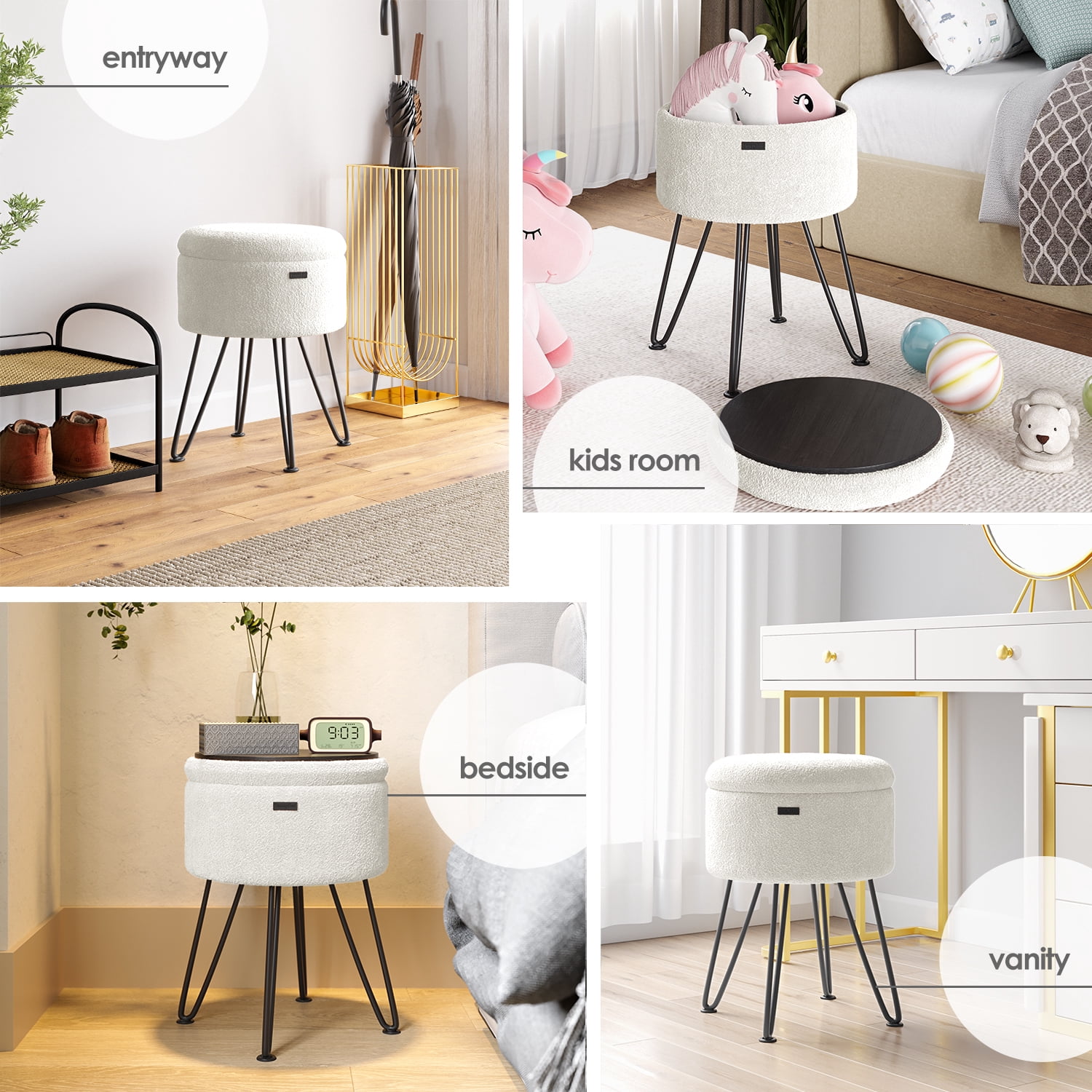 LammaLoe Small Round Ottoman with Storage, Boucle Ottoman Foot Stool with Lid, Upholstered Vanity Stool for Living Room & Bedroom, White