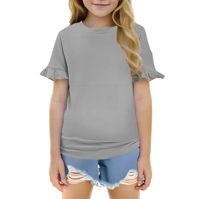 Mgmyaa T-Shirt à Manches Courtes pour Filles, Manches à Volants Mignonnes, Col Rond, Blouse d'Été Décontractée