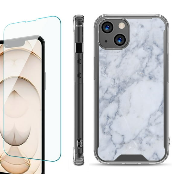 Shockproof Bumper Phone Case for iPhone 13, with Tempered Glass Screen Protector, by OneToughShield ® - Marble / Clouds