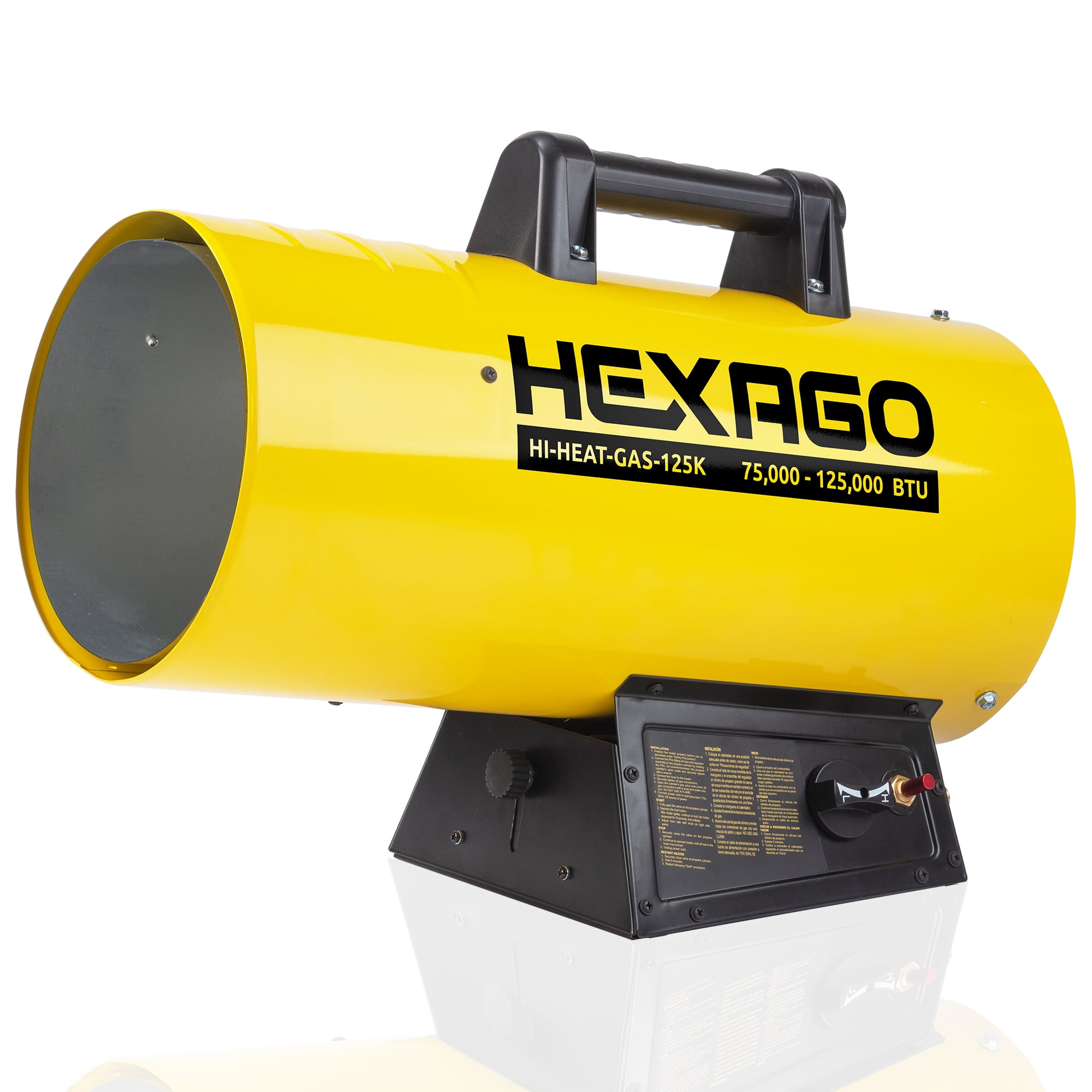 HEXAGO 125,000 BTU Adjustable Portable Liquid Propane Gas Forced Air Heater, Height Adjustable, CSA Listed, Yellow, Heating up to 3,125 sqft