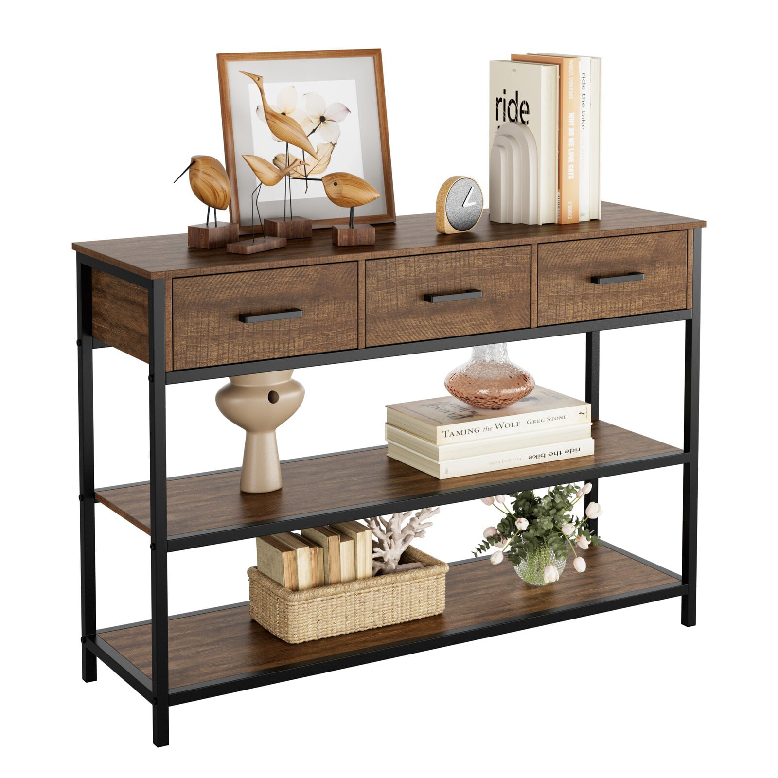 Furologee Long 47 Console Sofa Table with 3 Drawers, Entryway Table with  3-Tier Storage Shelves, Industrial Display Shelf for Entry Way, Hallway