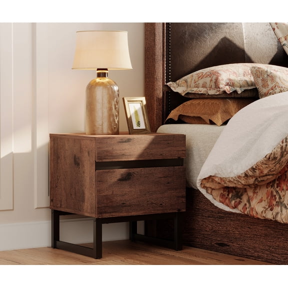 WAMPAT Modern Bedside Table for bedroom, Nightstand with 2 Drawers and Black Square Iron Leg, Wood Rustic Side End Table for living Room