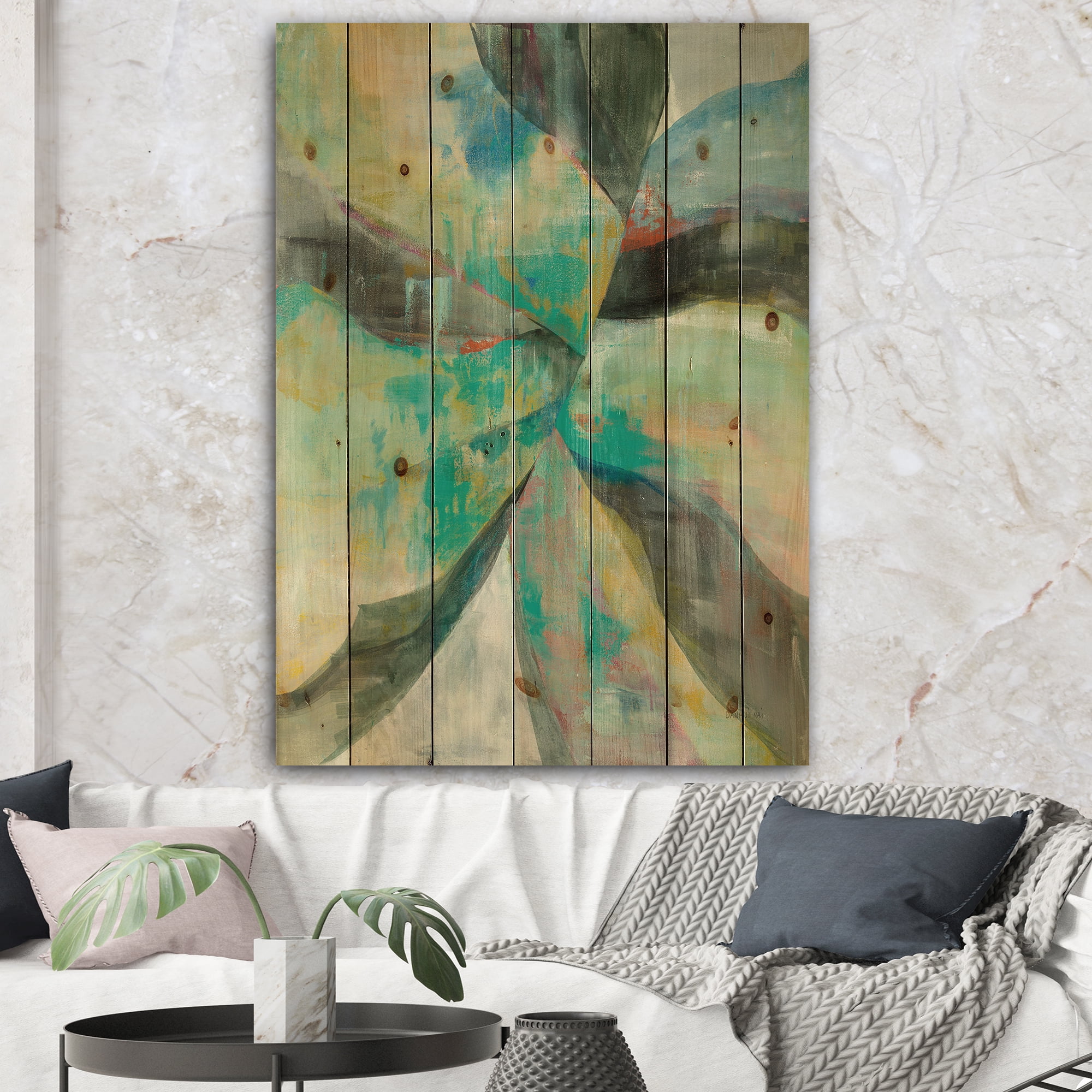 Designart 'In the Valley Abstract I' Traditional Print on Natural Pine Wood