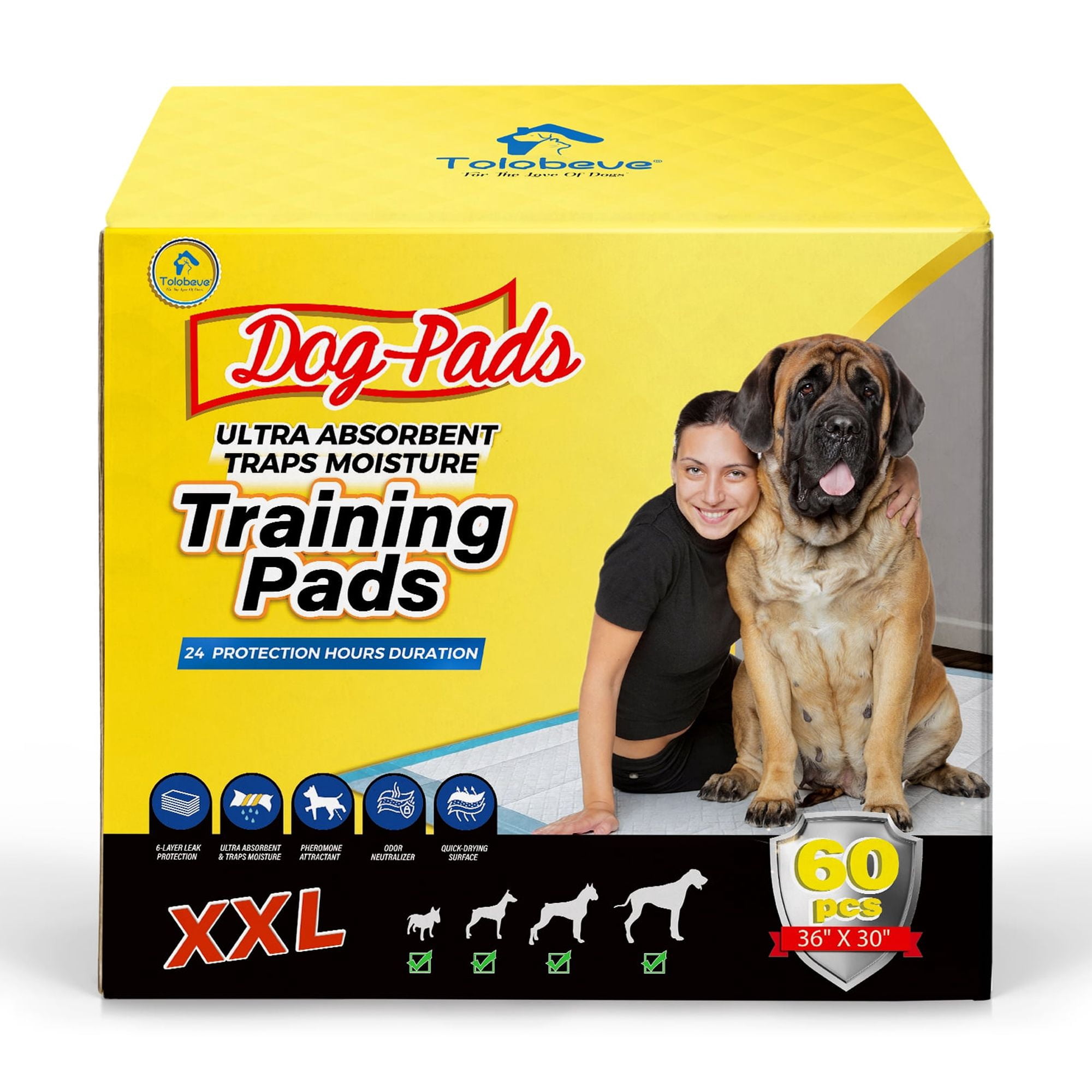 Tolobeve Dog Training Pads, XXL, 30 in x 36 in, 60 Count Disposable Dog Puppy Pee Pads