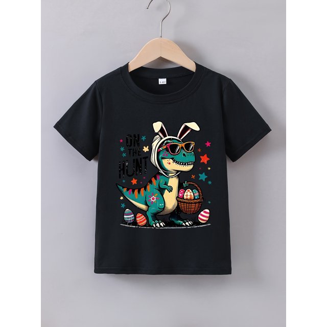 Boys' Summer Short-Sleeve T-Shirt with a 'Dinosaur Bunny Easter Egg' Print
