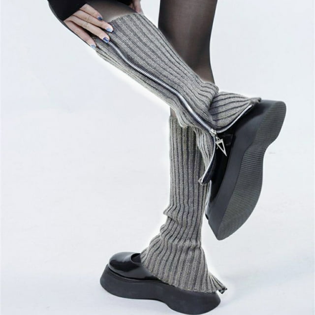 Womens Leg Warmers Gothic Punk Ribbed Knitted Leg Warmers Side Zipper Up Solid Color Boot Socks Student Knee High Foot Cover Winter Sock