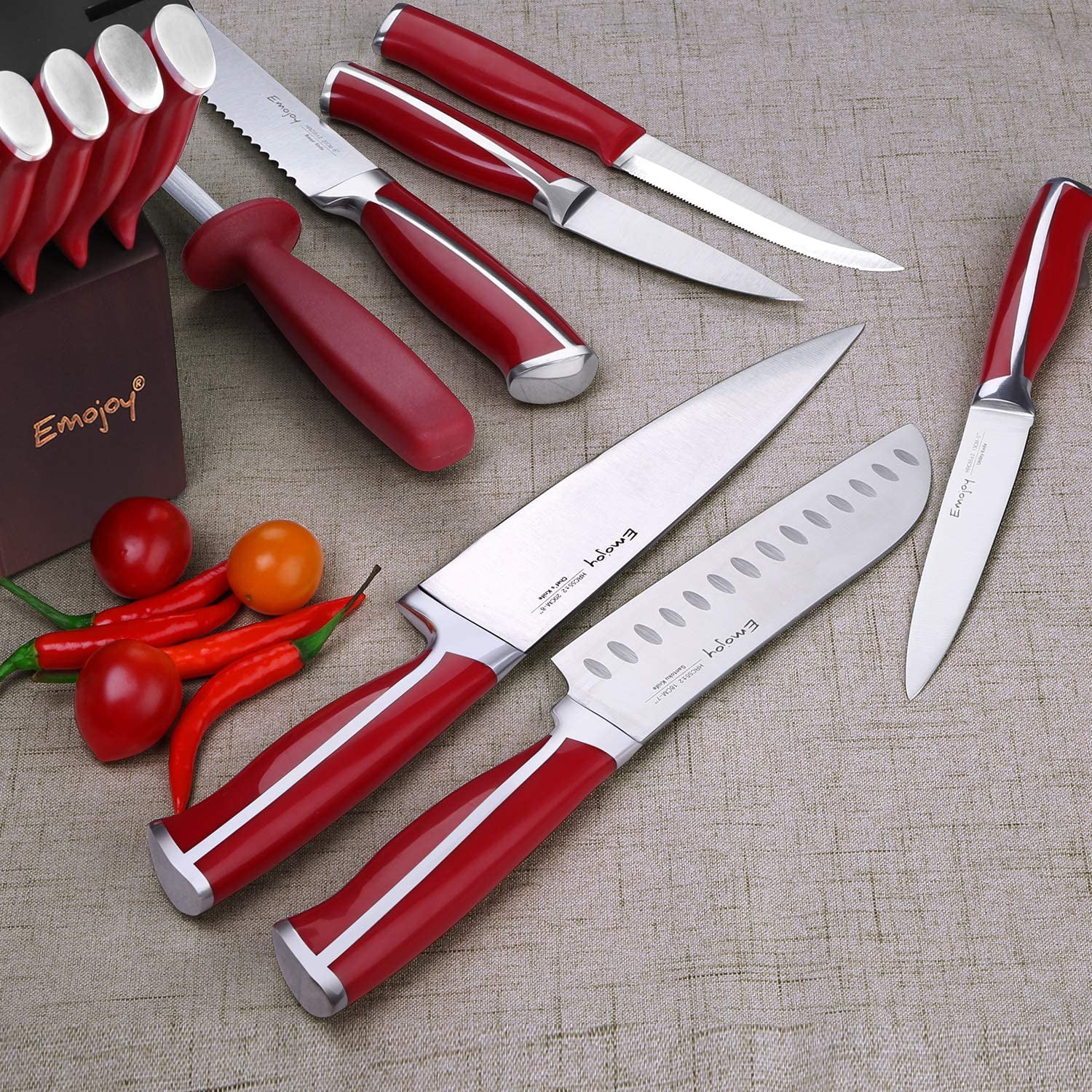 Knife Set, Emojoy 15 Piece Kitchen Knife Set with Block Wooden, German  Stainless Steel Sharp Chef Knife Set with Sharpener, dishwasher safe and  rust 