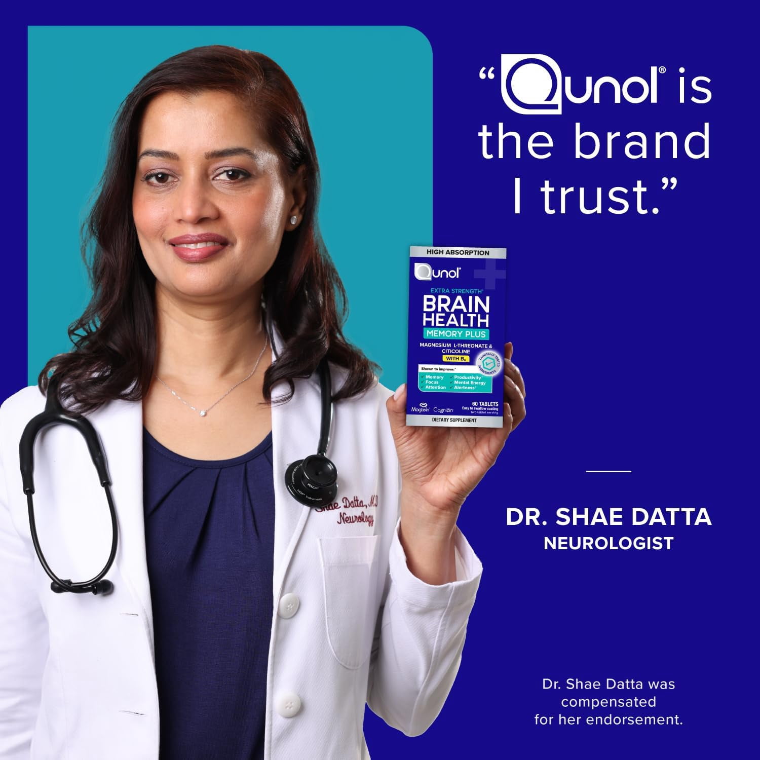 Qunol Brain Health Memory Plus with B6, Magnesium L-Threonate & Citicoline, 60 Count