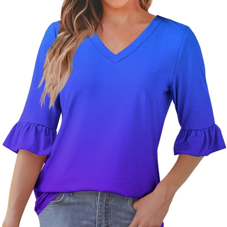 Ruimatai Women s Casual Shirt 7 Inch Sleeve Ruffled Blouse Flowy Comfortable Tunic Top Stylish Loose Fit Fashionable Shirt for Women