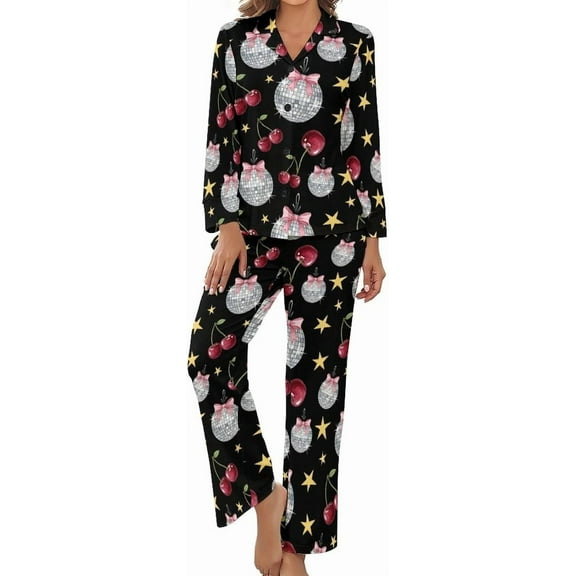 Top-kevin Pajama Sets for Womens Disco Balls Cherries Loose Button Down Long Sleeve Shirts And Pants Set