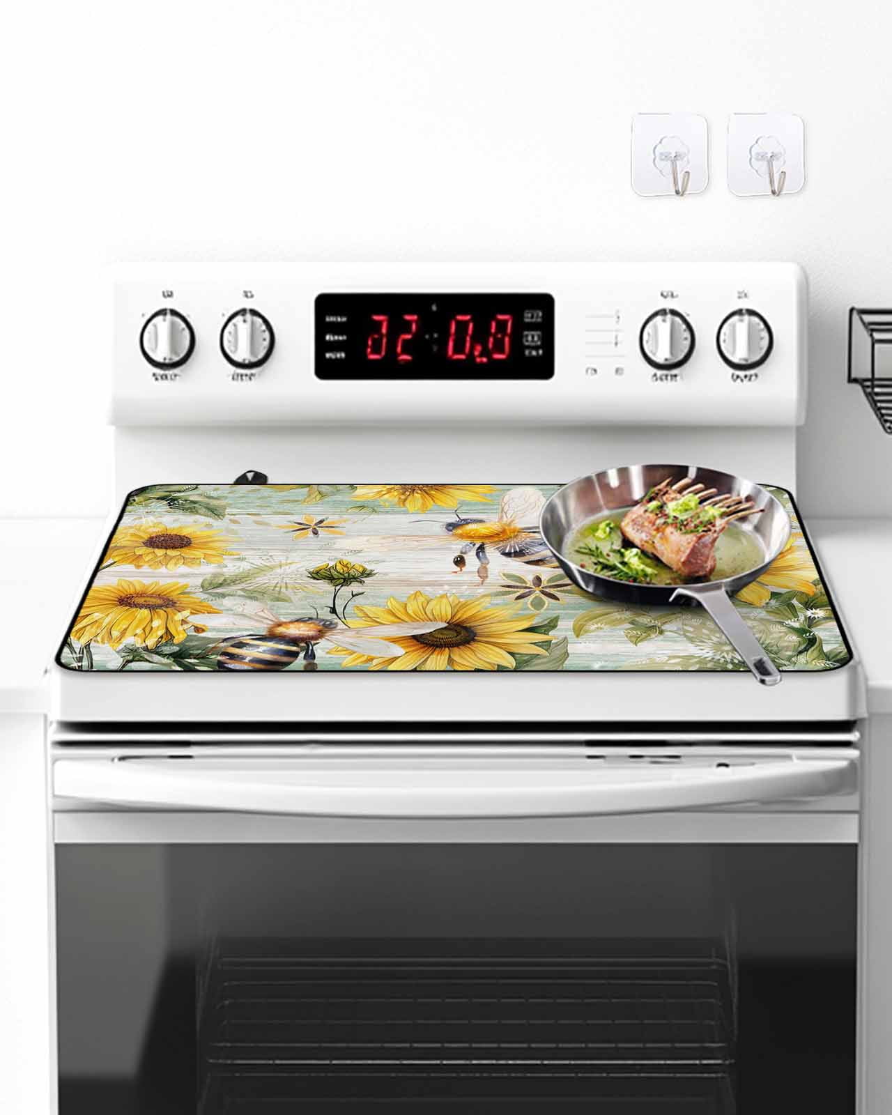 Stove Top Covers for Electric Stove, Sunflower Bee Glass Stovetop Cover Protector, Vintage Summer Botanical Farmhouse Induction Cooktop Protector Oven Mat for Kitchen Countertop 24"x21"