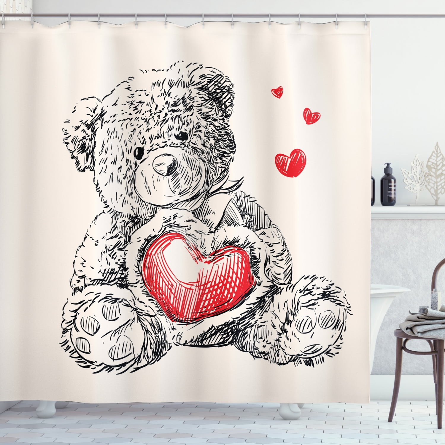 Teddy Bear Red Rose Valentine Polyester Fabric Shower Curtain Liner Bathroom Set 
