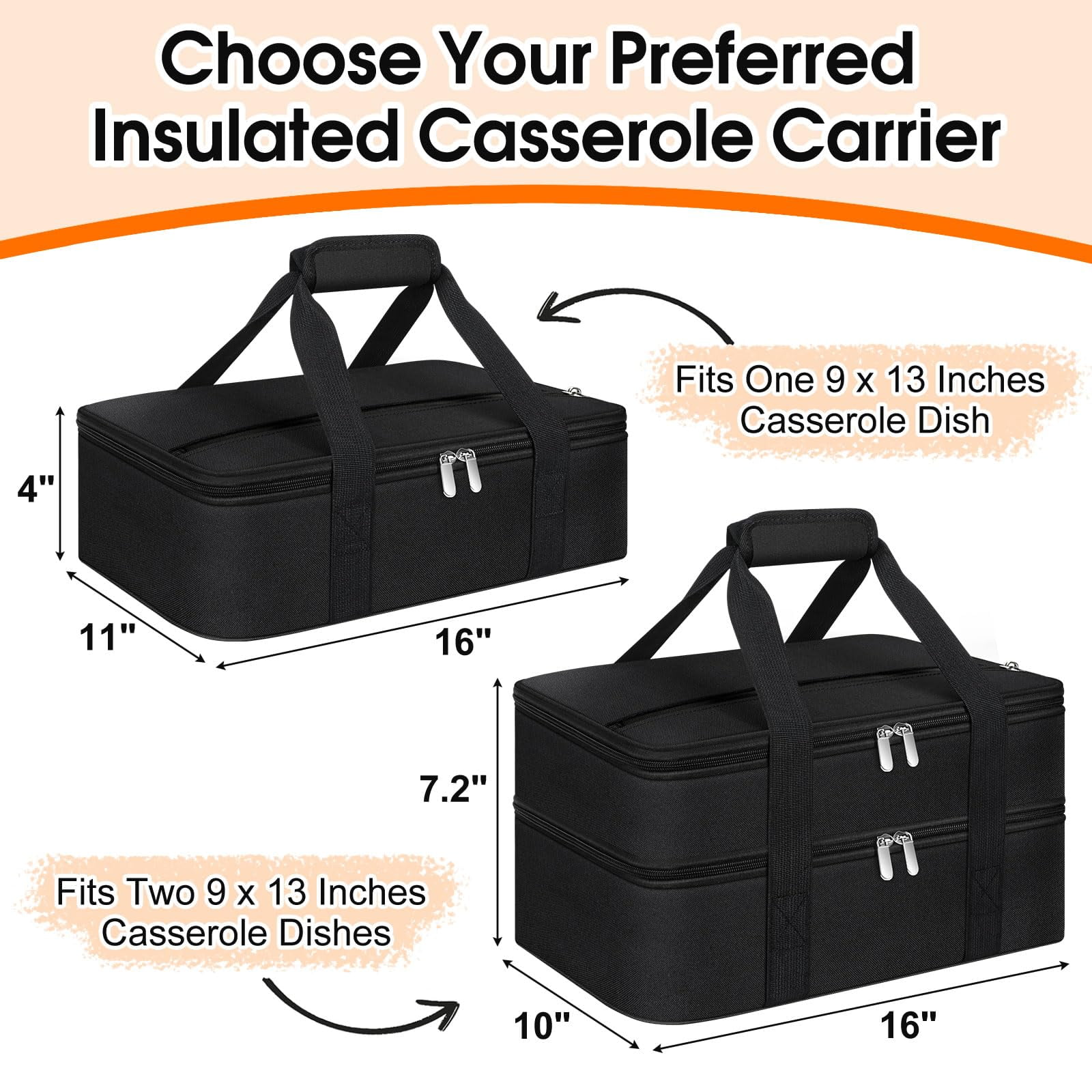 Double Insulated Casserole Carrier - Portable Hot & Cold Food Lunch Tote, Lasagna Carrier for Potluck Parties, Fits 9" x 13" Baking Dish, Black